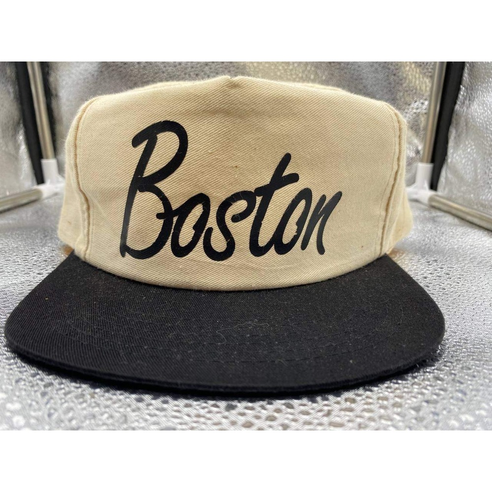 Sportcap Boston‎ Snapback Hat Mens OSFA Cream Black Script Vintage Style Cap